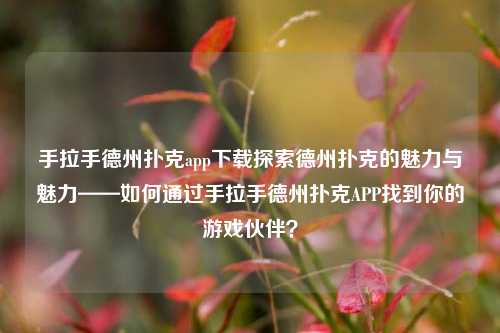 手拉手德州扑克app下载探索德州扑克的魅力与魅力——如何通过手拉手德州扑克APP找到你的游戏伙伴？